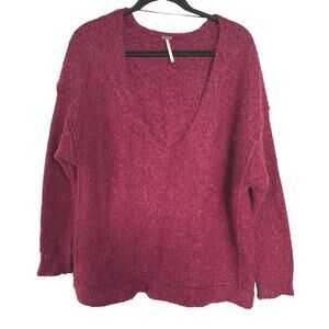 Free People Maroon Oversized Sweater Boho Soft Winter Deep V Slouchy Medium